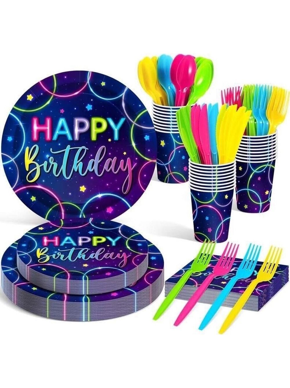 Neon Happy Birthday Party Tableware Set 168 Pcs